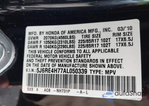 2010 Honda Cr-V Ex-L from USA, damaged, VIN 5J6RE4H77AL050339